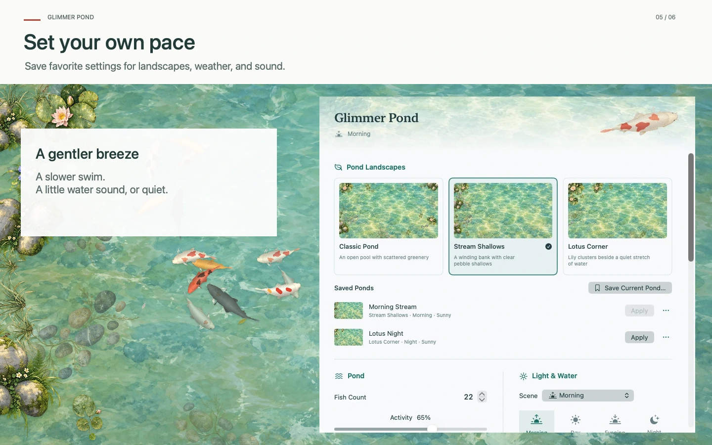 Glimmer Pond · Saved pond settings
